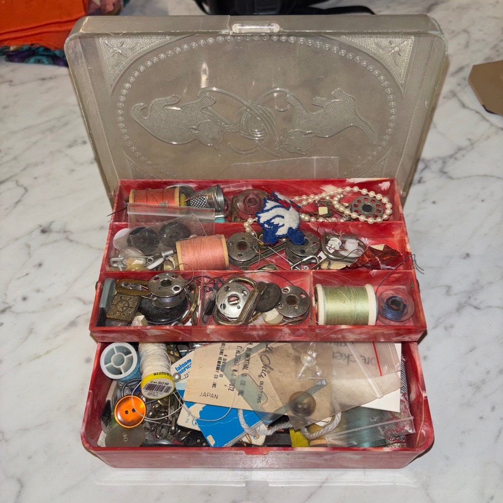 Vintage Red Marbled Sewing Box with Cats Yarn Lid and Notions Thread Needles Kit